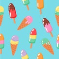 Summer seamless cute trendy pattern with various hand drawn colorful tasty ice cream cones and popsicles isolated on Royalty Free Stock Photo