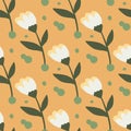 Summer seamless floral pattern with flower simple silhouettes. White buds and brown stems on orange background Royalty Free Stock Photo