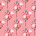 Summer seamless floral pattern with tulip bouquet. Blue and white flowers with red leaves. Pink background Royalty Free Stock Photo