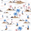 Summer seamless island pattern on white background. Landscape with palm trees,beach and ocean vector hand drawn style Royalty Free Stock Photo