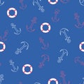 Summer seamless pattern with anchors and life buoys. Nautical seamless pattern for background, backdrop, print, textile