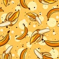 Summer seamless pattern with bananas and peels. Repetitive yellow background with exotic and tropical fruits