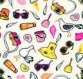 Summer seamless pattern with beach things on the sand.