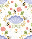 Summer seamless pattern bee flowers Damask floral print. Cute pattern design for fabric textile print Royalty Free Stock Photo