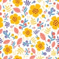 Summer seamless pattern with blooming plants on white background. Floral backdrop with meadow flowers and berries. Flat Royalty Free Stock Photo