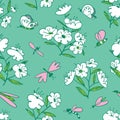 Summer seamless pattern with blossoming plants and flying insects around. Flowers and butterlies Royalty Free Stock Photo