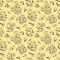 Summer seamless pattern with blossoming plants and flying insects around. Flowers and butterlies Royalty Free Stock Photo