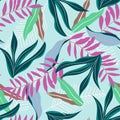 Summer seamless pattern with bright tropical plants and flowers on white background. Vector design. Jungle print. Printing and tex