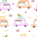 Summer seamless pattern with cartoon ice cream car, decor elements. colorful vector for kids, hand drawing flat style. Royalty Free Stock Photo