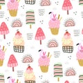 Summer seamless pattern with cartoon ice cream, decor elements. colorful vector for kids, hand drawing flat style. Royalty Free Stock Photo