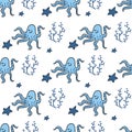 Summer seamless pattern in cartoon style on  white background with octopus and seaweed. Abstract infinite texture. Royalty Free Stock Photo