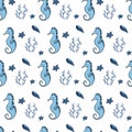 Summer seamless pattern in cartoon style on  white background with seahorse and shell. Abstract infinite texture. Royalty Free Stock Photo