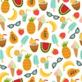 Summer seamless pattern with cartoon sunglasses, ice cream, banana, pineapple, papaya, strawberry,decor elements. colorful vector, Royalty Free Stock Photo