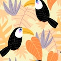 Summer seamless pattern with cartoon toucans, tropical leaves, decor elements. Colorful vector, flat style, hand drawing.