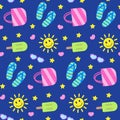 Summer seamless pattern, colorful elements on blue board. Sun, shoes, beach bag, ice cream and sunglasses. Vector Royalty Free Stock Photo