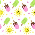 Summer seamless pattern, colorful elements on white board. Smiling sun and ice creams. Vector illustration in flat style Royalty Free Stock Photo