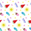 Summer seamless pattern, colorful elements on white board. Sun, shoes, beach bag, ice cream and sunglasses. Vector Royalty Free Stock Photo