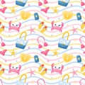 Summer seamless pattern with crab, beach accessories, bag, swimsuit and sunscreen, flip-flops. Bright vector illustrations in a