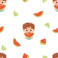 Summer seamless pattern with cute boy with watermelon on white background. Vector illustration in cartoon style. Funny Royalty Free Stock Photo