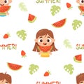 Summer seamless pattern with cute children girl and boy with watermelon on white background. Vector illustration in Royalty Free Stock Photo