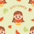 Summer seamless pattern with cute girl with watermelon on light green background with lettering sweet summer. Vector Royalty Free Stock Photo