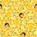 Summer Seamless Pattern With Cute Pineapple Girls On Orange Polka Dot Background Cartoon For Summer Wallpaper