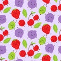 Summer seamless pattern with cute smiling gooseberries, strawbe