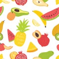 Summer seamless pattern with delicious sweet exotic fruits on white background. Vegan backdrop with organic wholesome