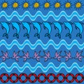 Summer seamless pattern with dolphin, sun, starfish and life preserver Royalty Free Stock Photo