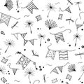 Summer seamless pattern. Doodle dandelion seeds, flags, dragonfly isolated on white background. Royalty Free Stock Photo