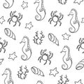 Summer seamless pattern in Doodle style on a white background with seahorse, shell and crab. Royalty Free Stock Photo