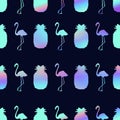 Summer seamless pattern with flamingo, pineapple and holographic effect. Colorful summer print for textile, cards, posters etc. Royalty Free Stock Photo