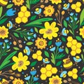 Summer seamless pattern. Flowers, bees and honey on black background. Doodle Royalty Free Stock Photo