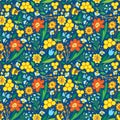 Summer seamless pattern. Flowers, bees and honey on blue background