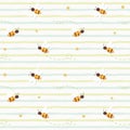 Summer seamless pattern with flying bees on stripped green background.