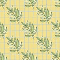 Summer seamless pattern with foliage ornament. Leaves branches green print on yellow background with check Royalty Free Stock Photo