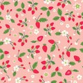 Summer seamless pattern with fresh strawberries on pink backdrop