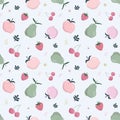 Summer seamless pattern with fruits isolated on white. Sweet cartoon background. Pastel pink and green colors. Raster Royalty Free Stock Photo
