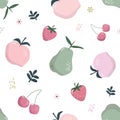 Summer seamless pattern with fruits isolated on white. Sweet cartoon background. Pastel pink and green colors. Vector Royalty Free Stock Photo