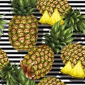 Summer seamless pattern with handdrawn pineapple on striped background. Vector illustration.