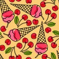 Summer seamless pattern. Ice Cream cone, cherry berry. Outline vector illustration. Organic food eco template for menu, jam or Royalty Free Stock Photo