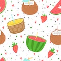 Summer seamless pattern with ice cream, fruits, dots, strawberries, hearts.