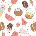 Summer seamless pattern with ice cream, fruits, dots, strawberries, hearts. Royalty Free Stock Photo