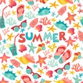 Summer seamless pattern with ice-cream, suglases, cocktail, starfish, coral, flip flop sandals.