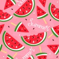 Summer seamless pattern ice cream watermelon with seeds on a blue background Royalty Free Stock Photo