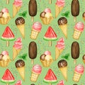 Summer Seamless pattern with Ice lollys, Ice-cream scoops decorated with chocolate in waffle cone. Watercolor