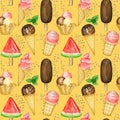 Summer Seamless pattern with Ice lollys, Ice-cream scoops decorated with chocolate in waffle cone. Watercolor Royalty Free Stock Photo