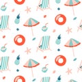 Summer seamless pattern with Inflatable ring, Umbrella and Chair.