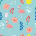 Summer seamless pattern with leaf,flamingo,hibiscus on green background