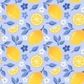 Summer seamless pattern with lemon, lemon slice, white flowers and dark blue leaves in flat style, blue background. Royalty Free Stock Photo